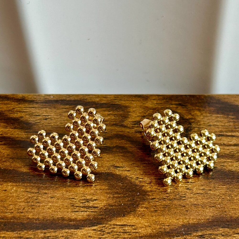 Gold Heart Shape Beaded Honeycomb Earrings Stainless Steel Stud Post Back